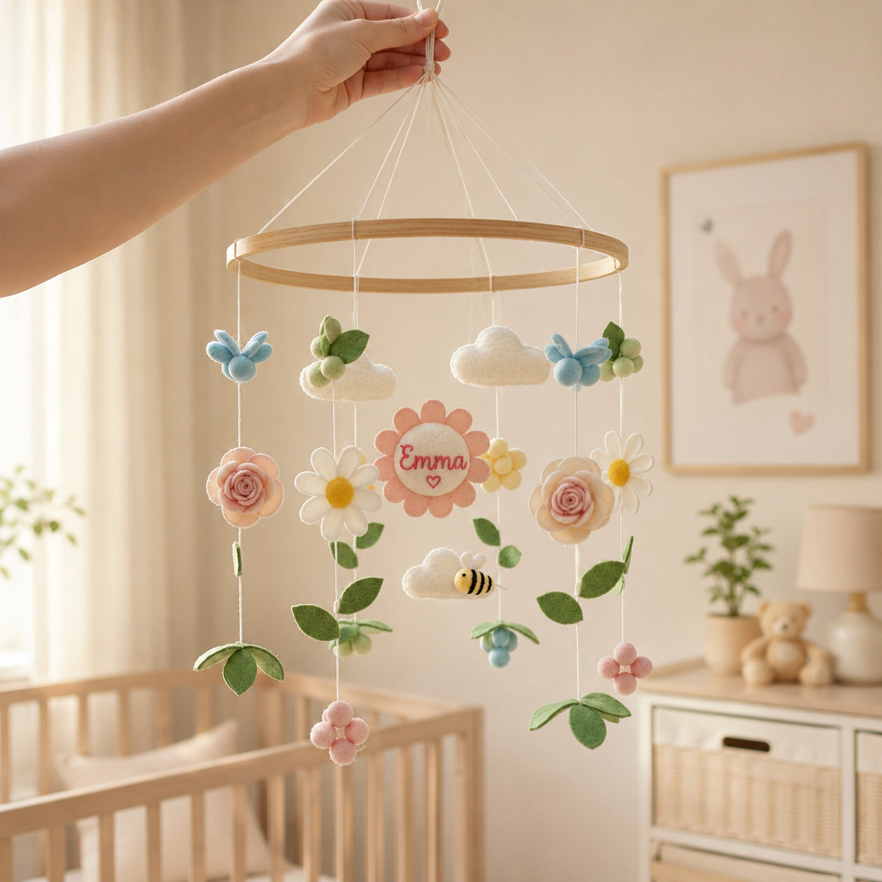 Personalized Floral Felt Baby Mobile, Handmade Baby Mobile, Custom Name Flower Nursery Crib Mobile, Daisy, Rose and Bee Baby Girl Decor BBMB17