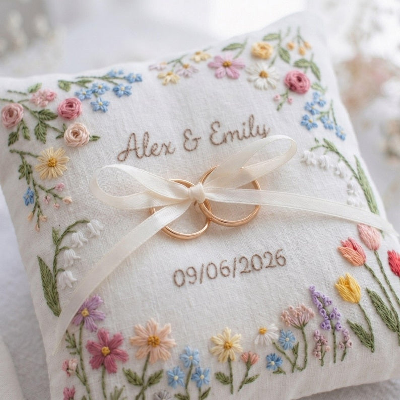 Personalized Embroidered Floral Wedding Ring Bearer Pillow, Custom Wedding Ring Pillow, Wedding Keepsake Gift WPILLOW17