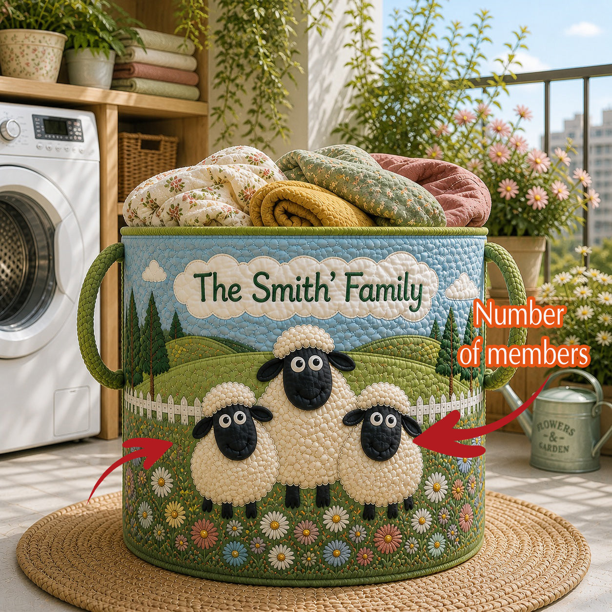 Custom Family Sheep Pattern Quilted Laundry Basket, Sheep Storage Hamper, Custom Name Quilted Basket, Laundry Room Decor, Family Basket, Fabric Clothes Basket QBK82