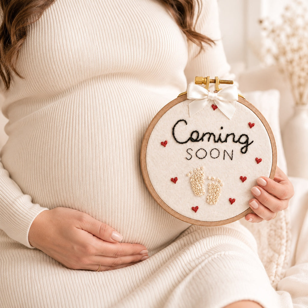 Coming Soon Embroidery Hoop, Hand Embroidered Pregnancy Announcement, Baby Feet Hoop Art, Handmade Baby Reveal Gift, Nursery Decor EM15