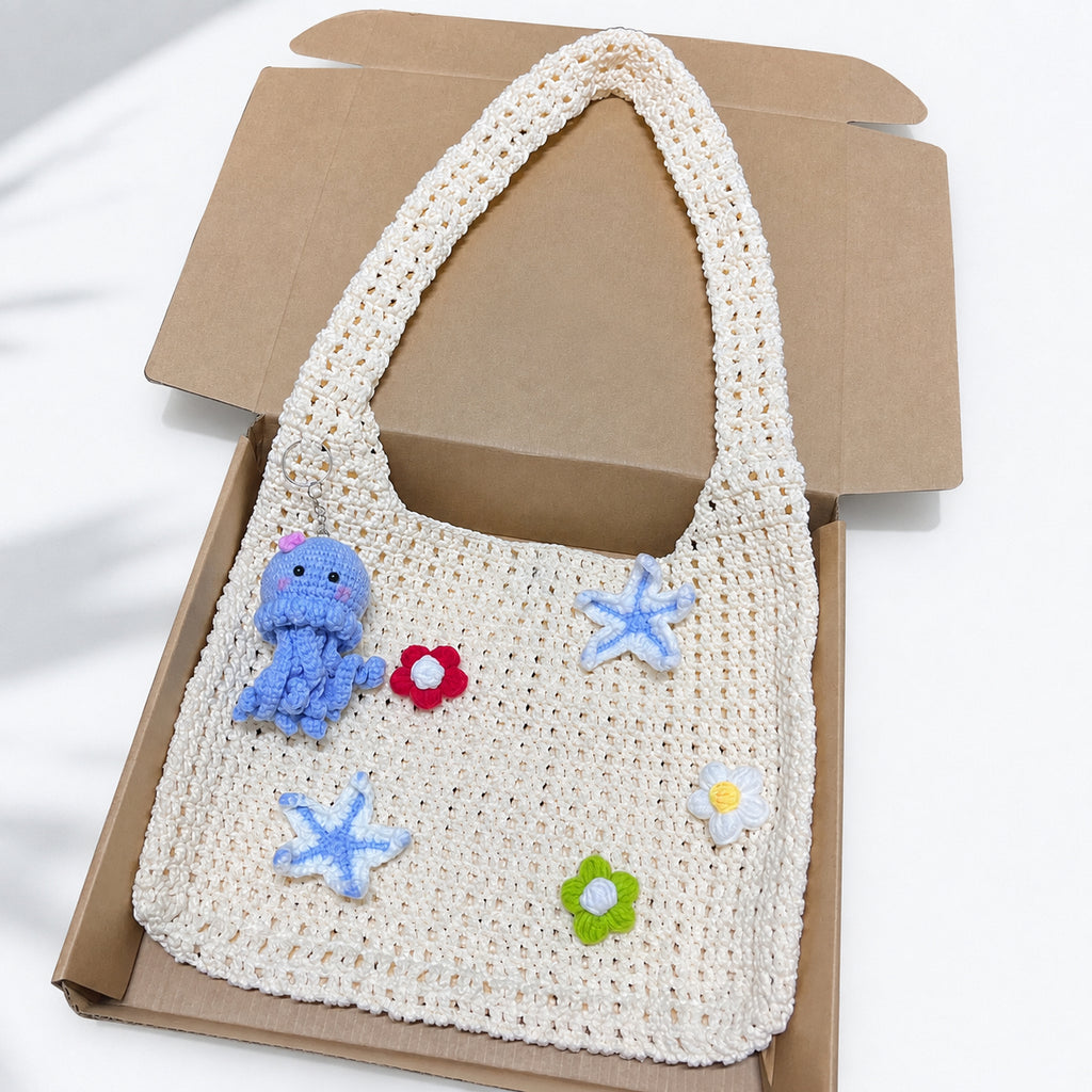 Crochet Beach Tote Bag, Vintage Crochet Bag, Starfish Shoulder Bag, Handmade Coastal Summer Purse Crochet10