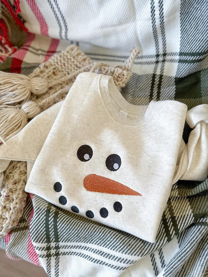 Embroidered Snowman Adult Sweatshirt, Holiday Sweater for Women, Cute Christmas Crewneck, Frosty, Holiday Christmas Pullover