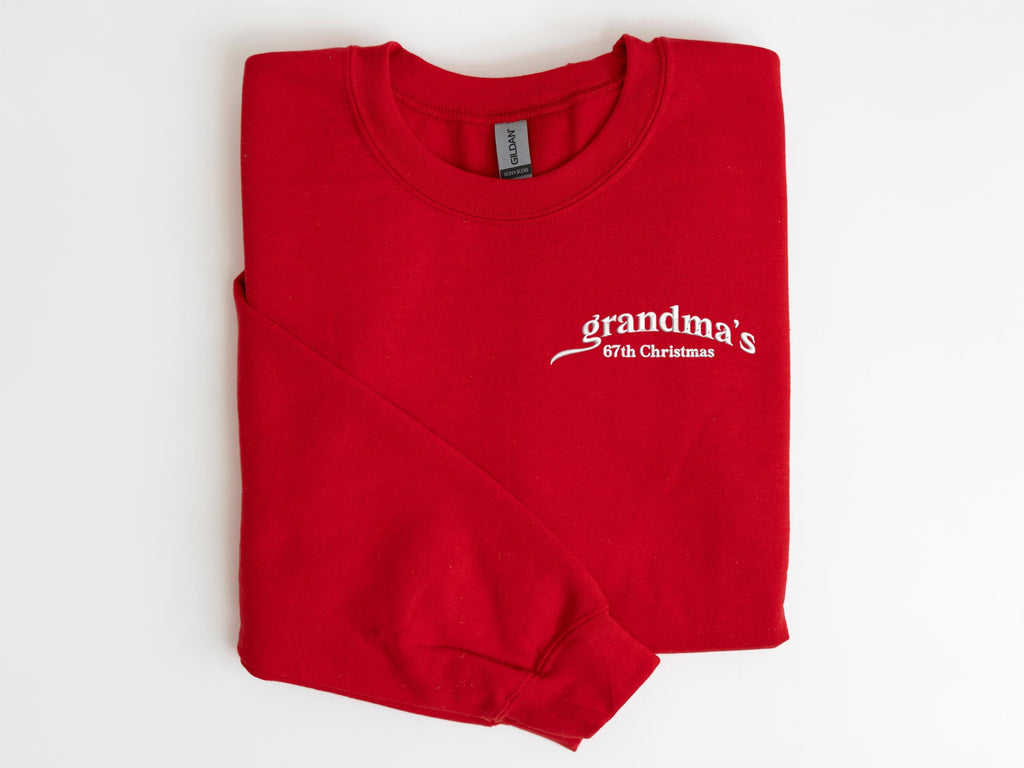 Grandma’s Christmas Embroidered Sweatshirt, Personalized Holiday Crewneck, Custom Year Gift, Pink Cozy Pullover