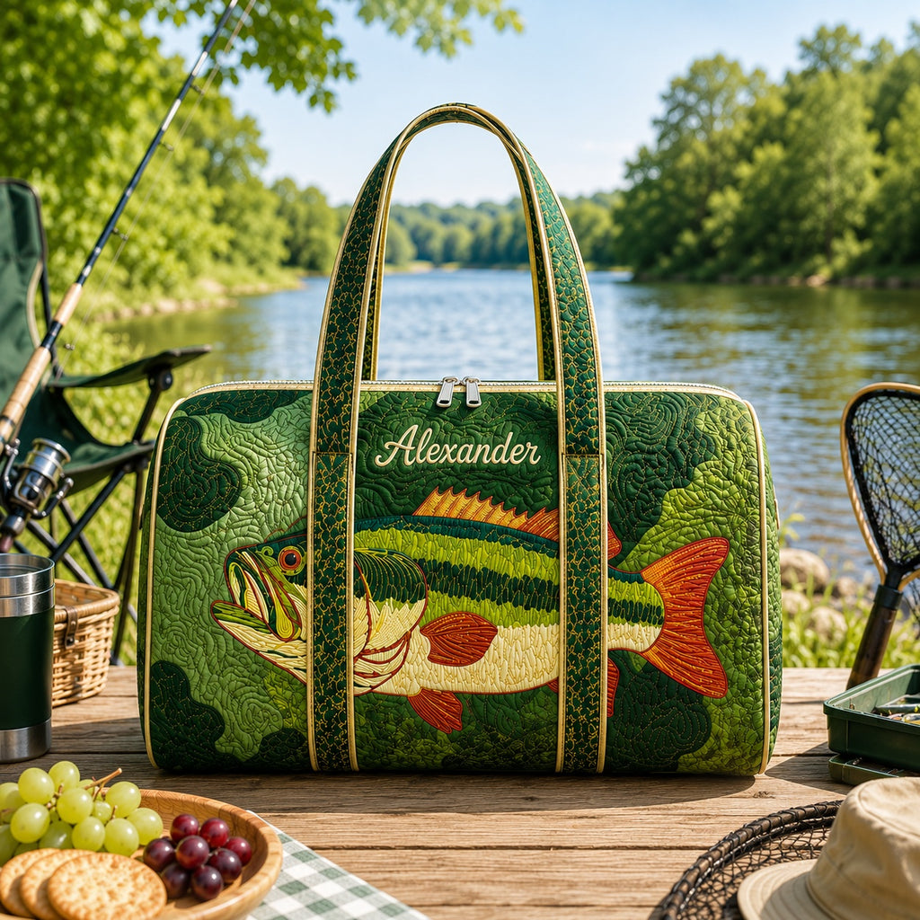 Personalized Bass Fishing Quilted Duffle Bag, Custom Angler Travel Bag, Fishing Weekender Bag, Fisherman Gift for Men DFB40
