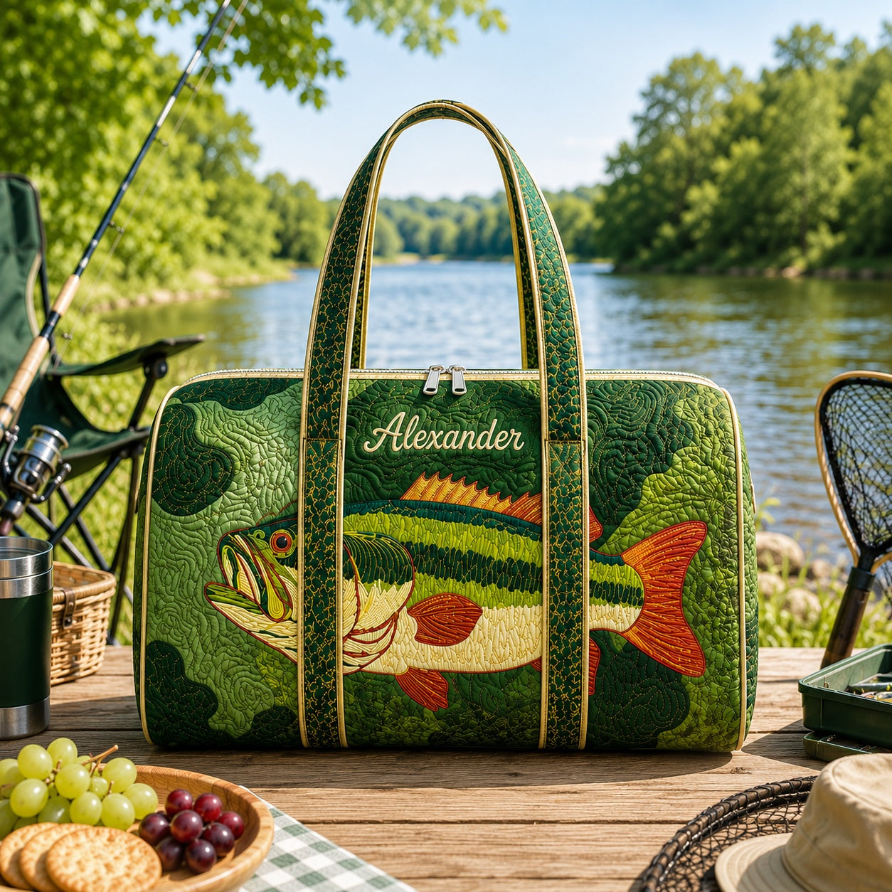 Personalized Bass Fishing Quilted Duffle Bag, Custom Angler Travel Bag, Fishing Weekender Bag, Fisherman Gift for Men DFB40