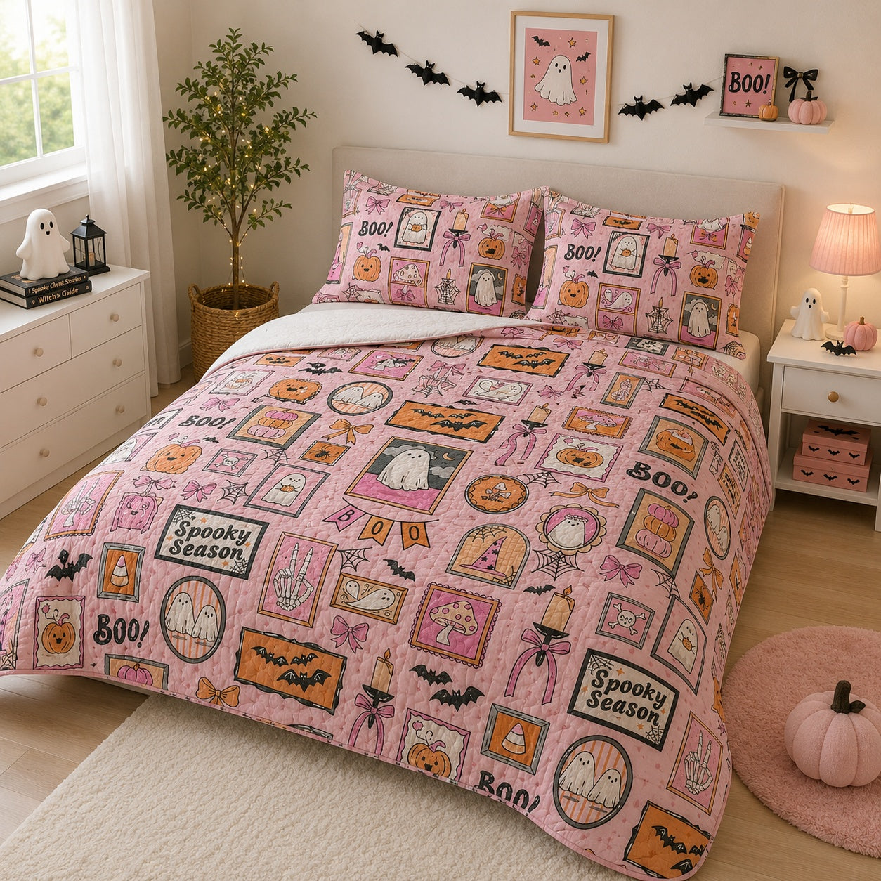 Pink Halloween Quilted Bedding Set, Cute Ghost Pumpkin Spooky Season Quilt Set with Pillow Covers, Halloween Bedroom Decor QBEDSET16