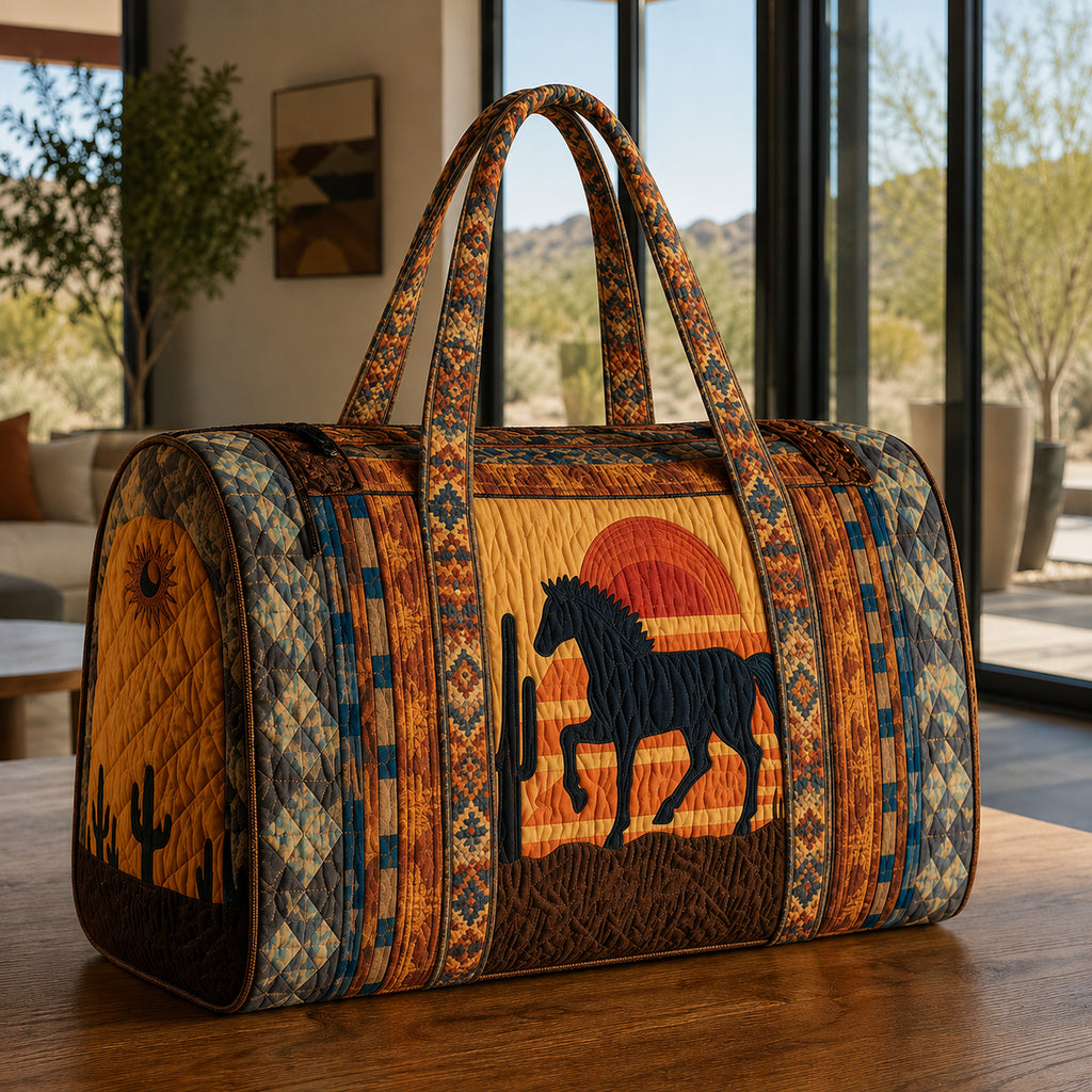 Western Horse Sunset Quilted Duffle Bag, Cowboy Southwestern Duffle Bag, Overnight Bag, Quilted Travel Bag, Quilted Weekend Bag, Custom Bag Gift DFB15