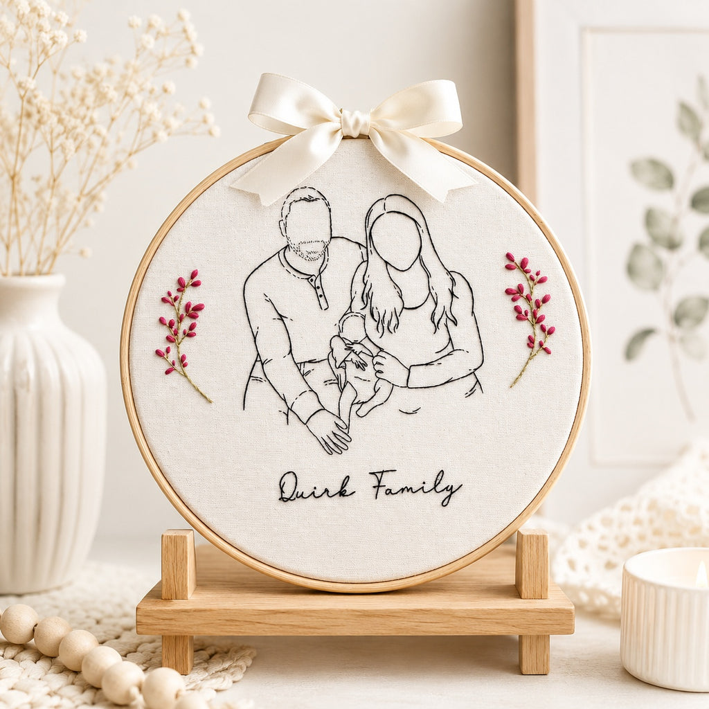 Personalized Family Portrait Embroidery Hoop, Hand Embroidered Custom Photo Line Art, Family Name Keepsake Gift, Handmade Wall Decor EM16