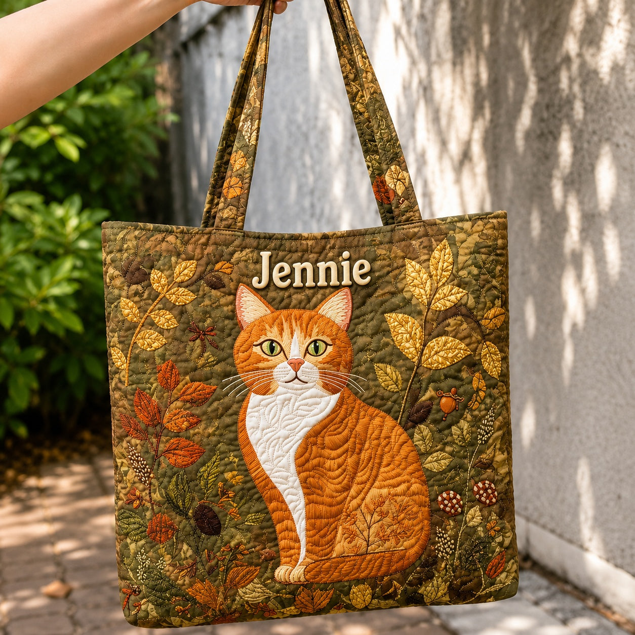 Fall Cat Pattern Quilted Tote Bag, Cat Shoulder Bag, Pet Cat Art Tote, Fabric Tote Bag, Gift Bag QTOTE42