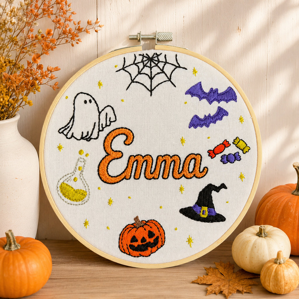 Personalized Halloween Hand-Embroidery Hoop, Custom Name Spooky Wall Decor, Pumpkin Ghost Witch Hat Embroidery, Handmade Fall Gift HOOP20