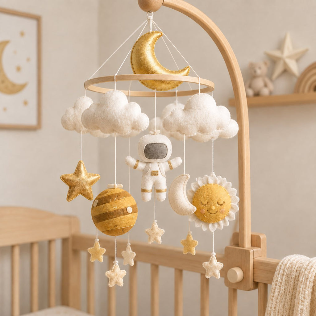 Space Baby Mobile, Handmade Felt Crib Mobile with Astronaut Sun Moon Planet Stars, Galaxy Nursery Decor, Baby Shower Gift BBMB35