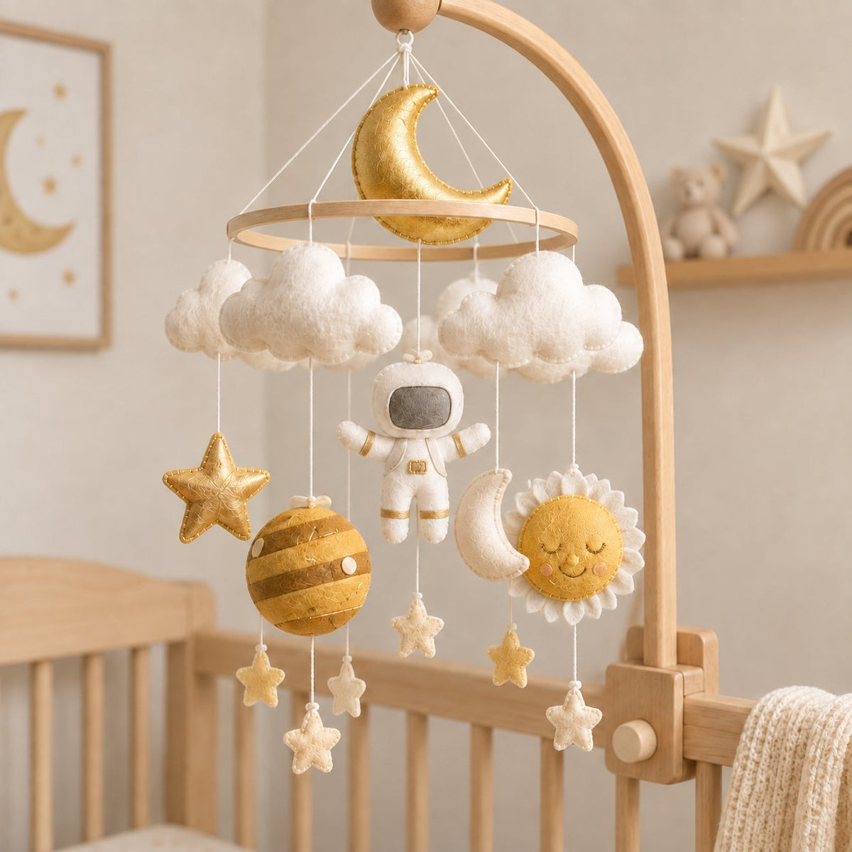 Space Baby Mobile, Handmade Felt Crib Mobile with Astronaut Sun Moon Planet Stars, Galaxy Nursery Decor, Baby Shower Gift BBMB35
