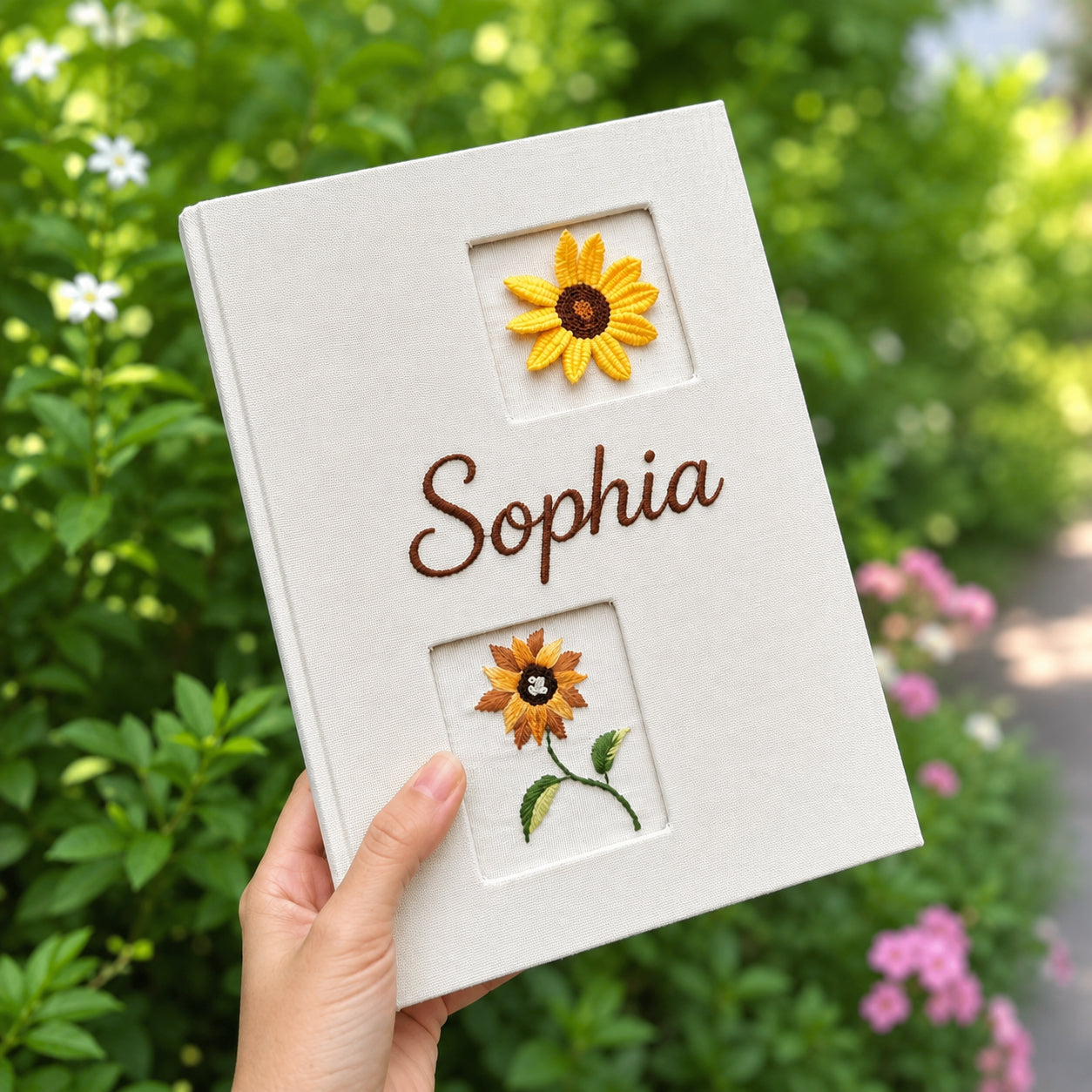 Personalized Hand Embroidered Sunflower Journal, Custom Sunflower Notebook, Sunflower Diary, Linen Fabric Hard Cover Notebook, Special Custom Handmade Gift and Keepsakes ENB12