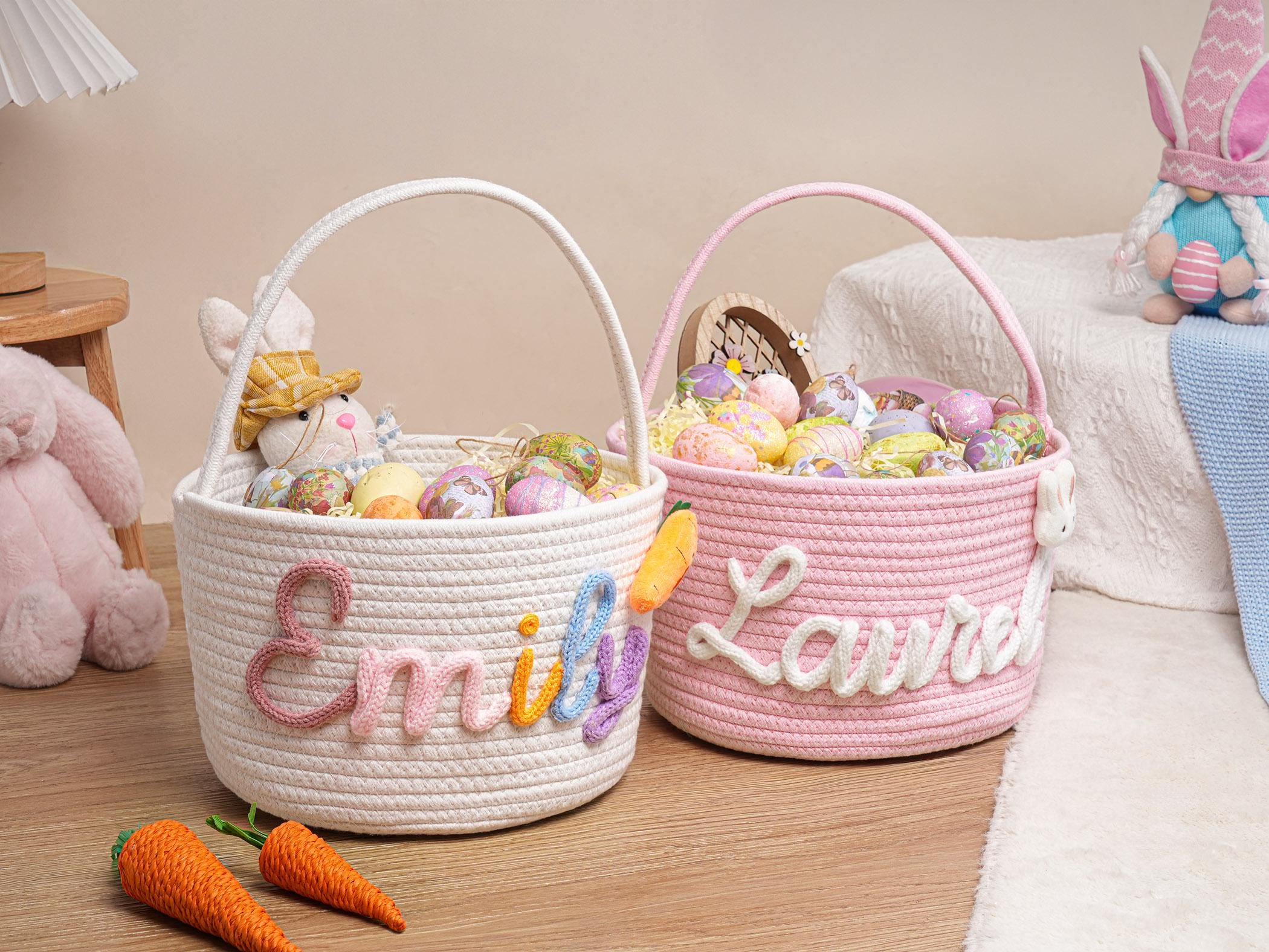 Personalized Easter Basket with Name, Handwoven Rope Basket, Easter Bunny Gift for Kids, Easter Egg Hunt Basket, Baby Shower Gift