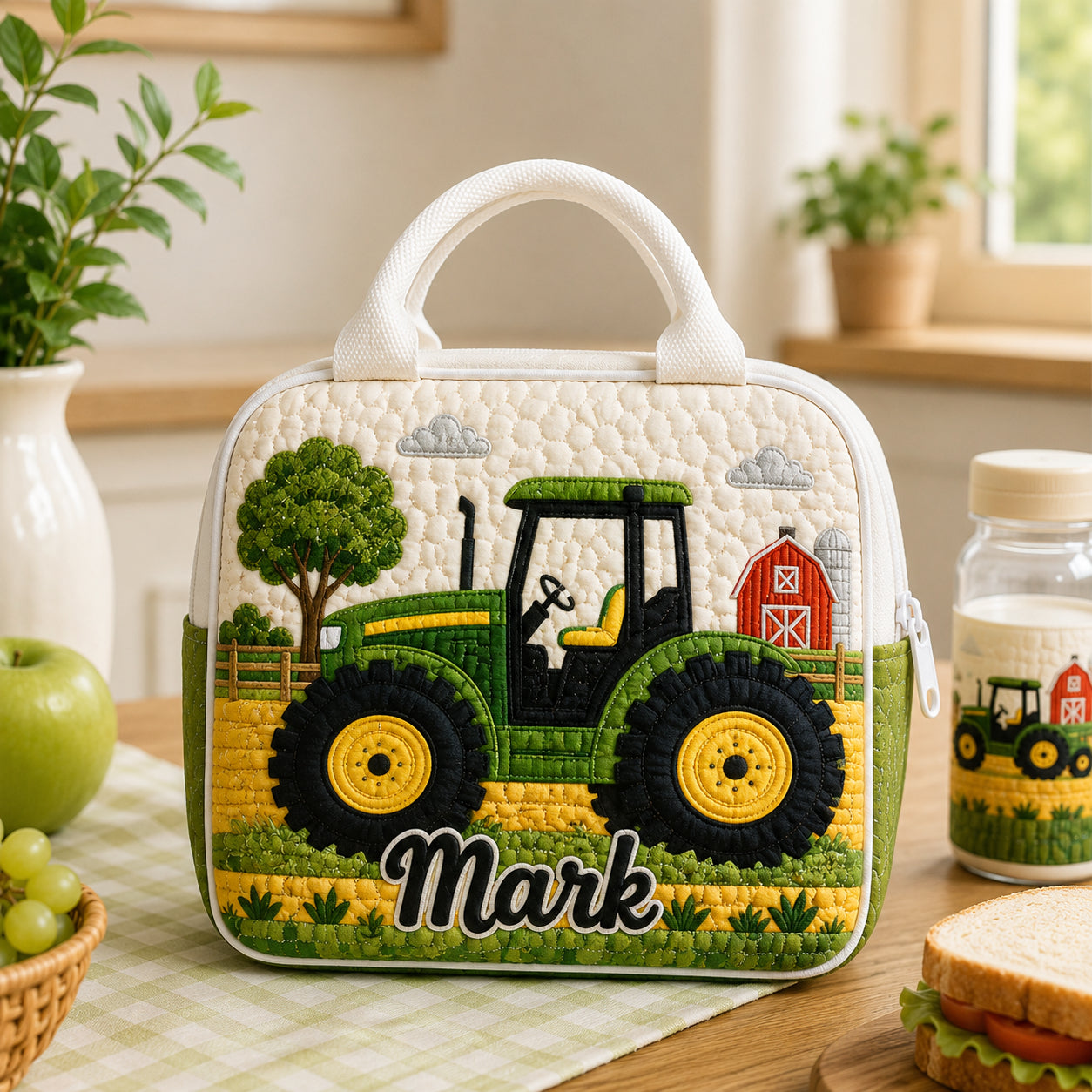Tractor Quilted Lunch Bag, Insulated Quilted Lunch Tote, Tractor Lunch Bag, Custom Kid Lunch Bag, Back To School Bag, Picnic Bag, Reusable Lunch Tote QLB18