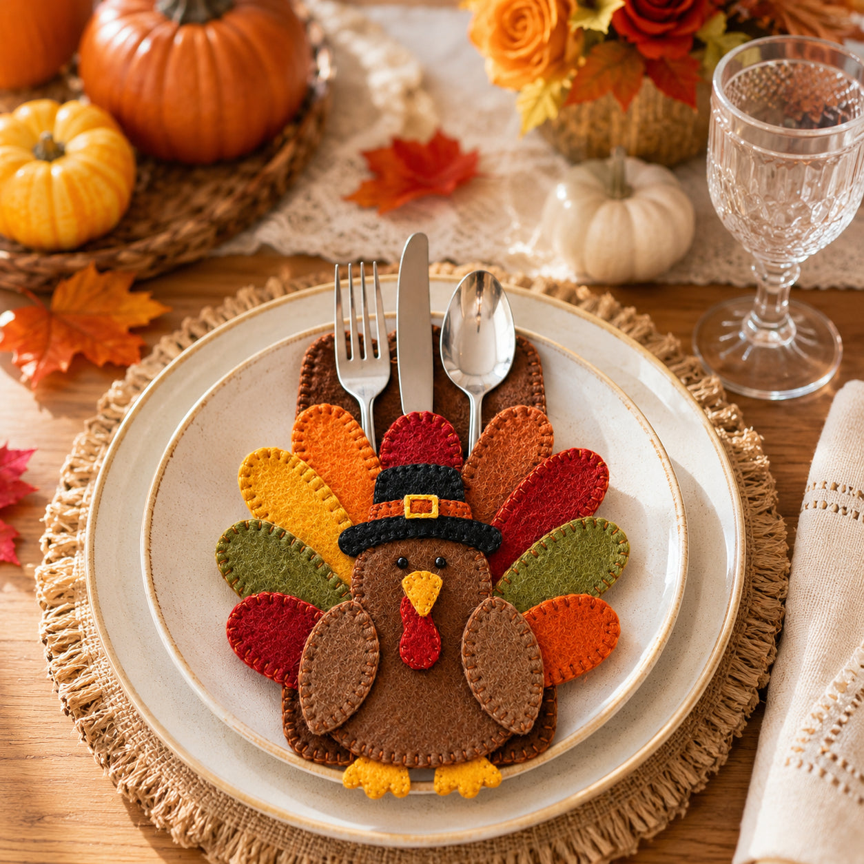 Turkey Felt Silverware Holder, Thanksgiving Cutlery Pocket, Harvest Table Decor, Autumn Place Setting FELTCH18