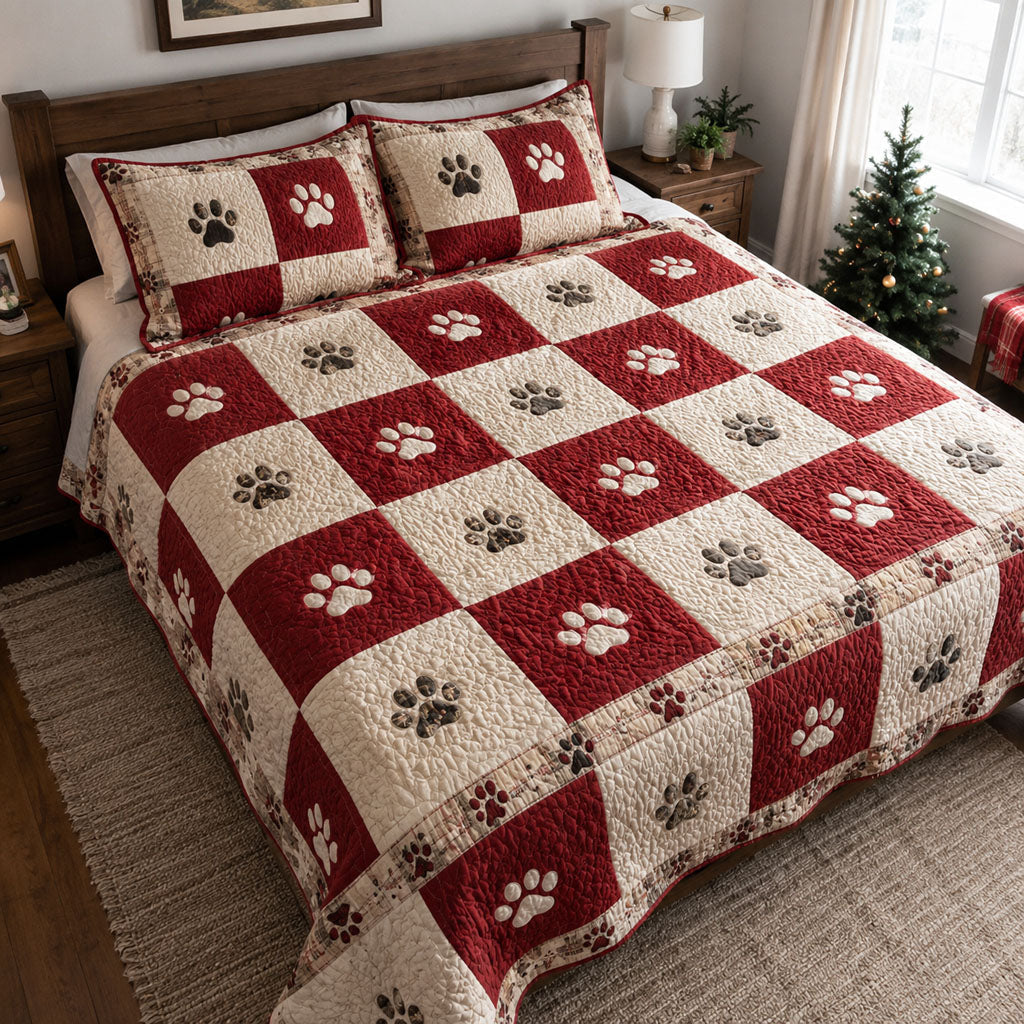 Dog Paw Print Quilted Bedding Set, Paw Patchwork Blanket, Paw Quilt with Pillow Covers, Pet Lover Bedroom Decor QBEDSET48