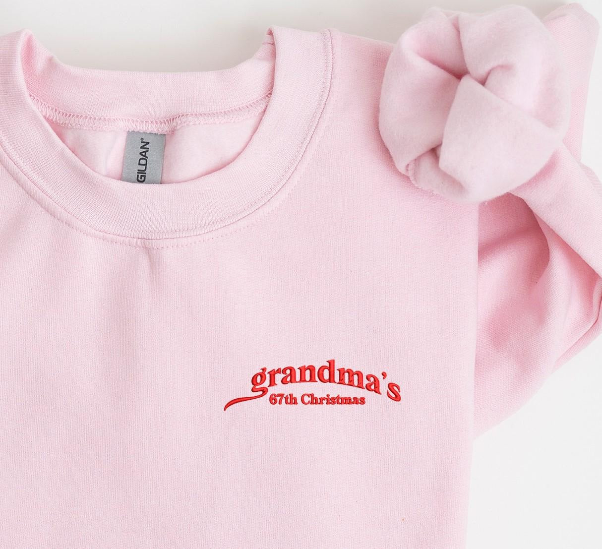 Grandma’s Christmas Embroidered Sweatshirt, Personalized Holiday Crewneck, Custom Year Gift, Pink Cozy Pullover