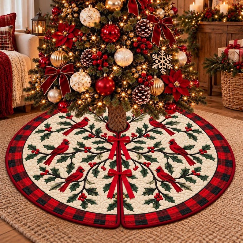 Cardinal Quilted Tree Skirt, Patchwork Xmas Tree Skirt, Holiday Decor, Xmas Tree Base Cover, Custom Tree Skirt XMASTS18