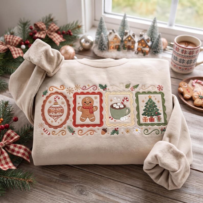 Christmas Icons Embroidered Sweatshirt, Vintage Ornament Gingerbread Hot Cocoa Tree Crewneck, Festive Holiday Pullover Gift XMASS10
