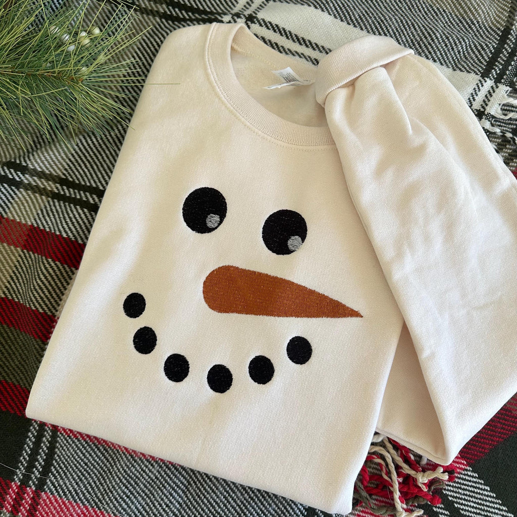 Embroidered Snowman Adult Sweatshirt, Holiday Sweater for Women, Cute Christmas Crewneck, Frosty, Holiday Christmas Pullover