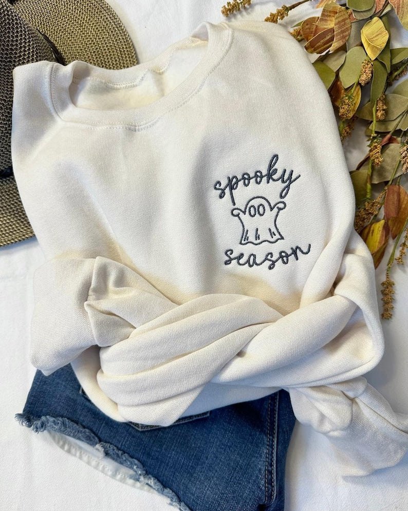 Spooky Season Halloween Shirt, Cute Ghost Embroidered Shirt- Halloween Ghost Crewneck, Cute Little Ghost Shirt HLEM18