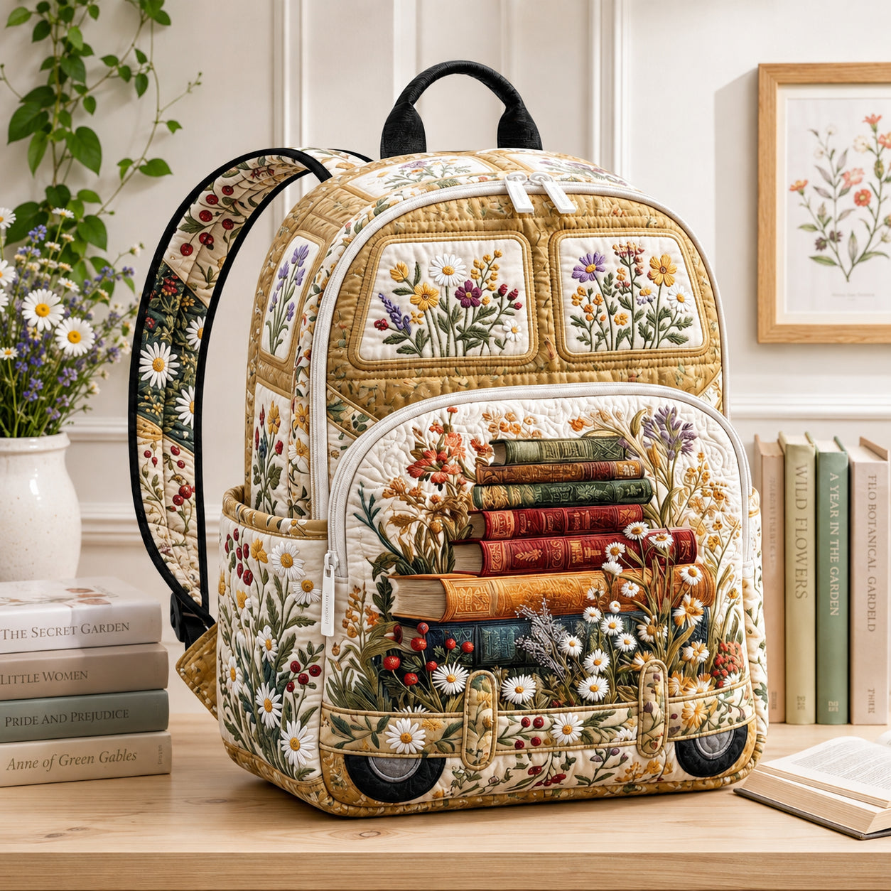 Patchwork Book Quilted Backpack, Custom Book Floral Backpack, Mini Travel Bag, School Bag, Back To School Backpack QBP08