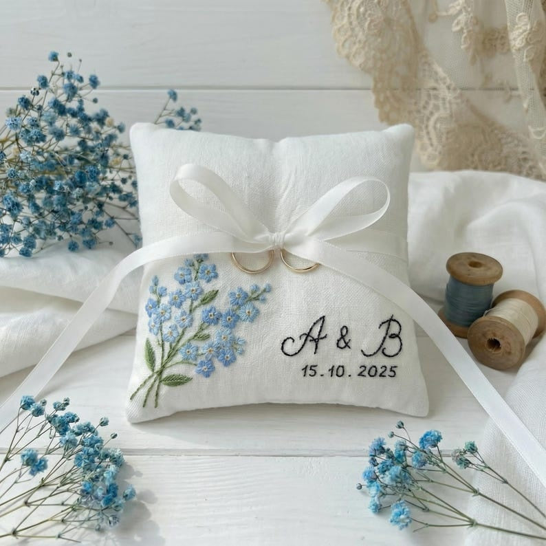Personalized Embroidered Floral Wedding Ring Bearer Pillow, Custom Wedding Ring Pillow, Wedding Keepsake Gift WPILLOW18