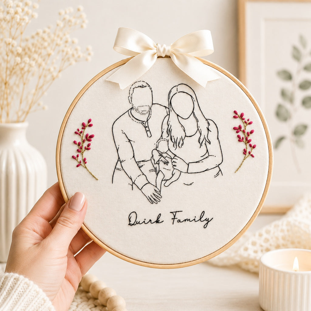 Personalized Family Portrait Embroidery Hoop, Hand Embroidered Custom Photo Line Art, Family Name Keepsake Gift, Handmade Wall Decor EM16
