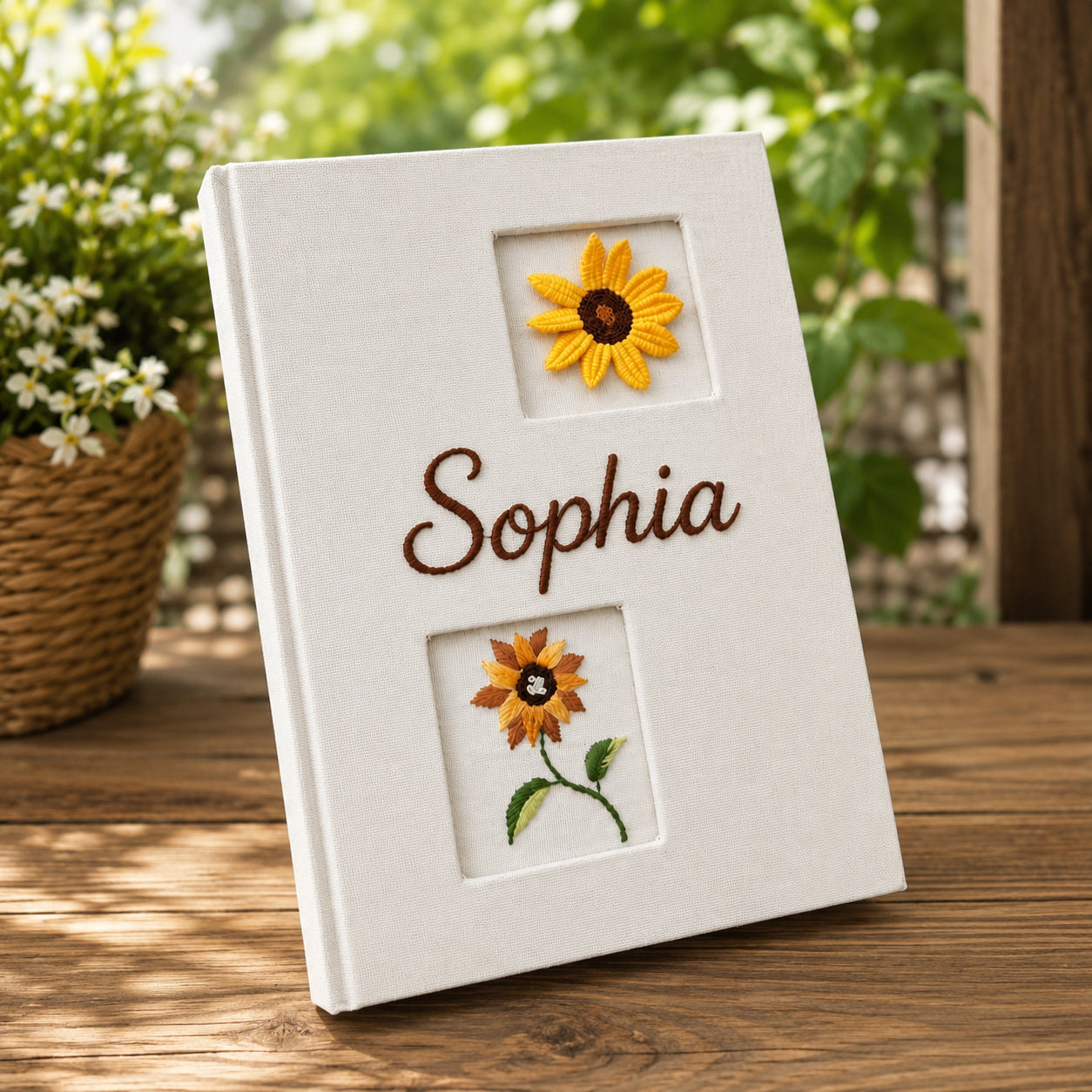 Personalized Hand Embroidered Sunflower Journal, Custom Sunflower Notebook, Sunflower Diary, Linen Fabric Hard Cover Notebook, Special Custom Handmade Gift and Keepsakes ENB12