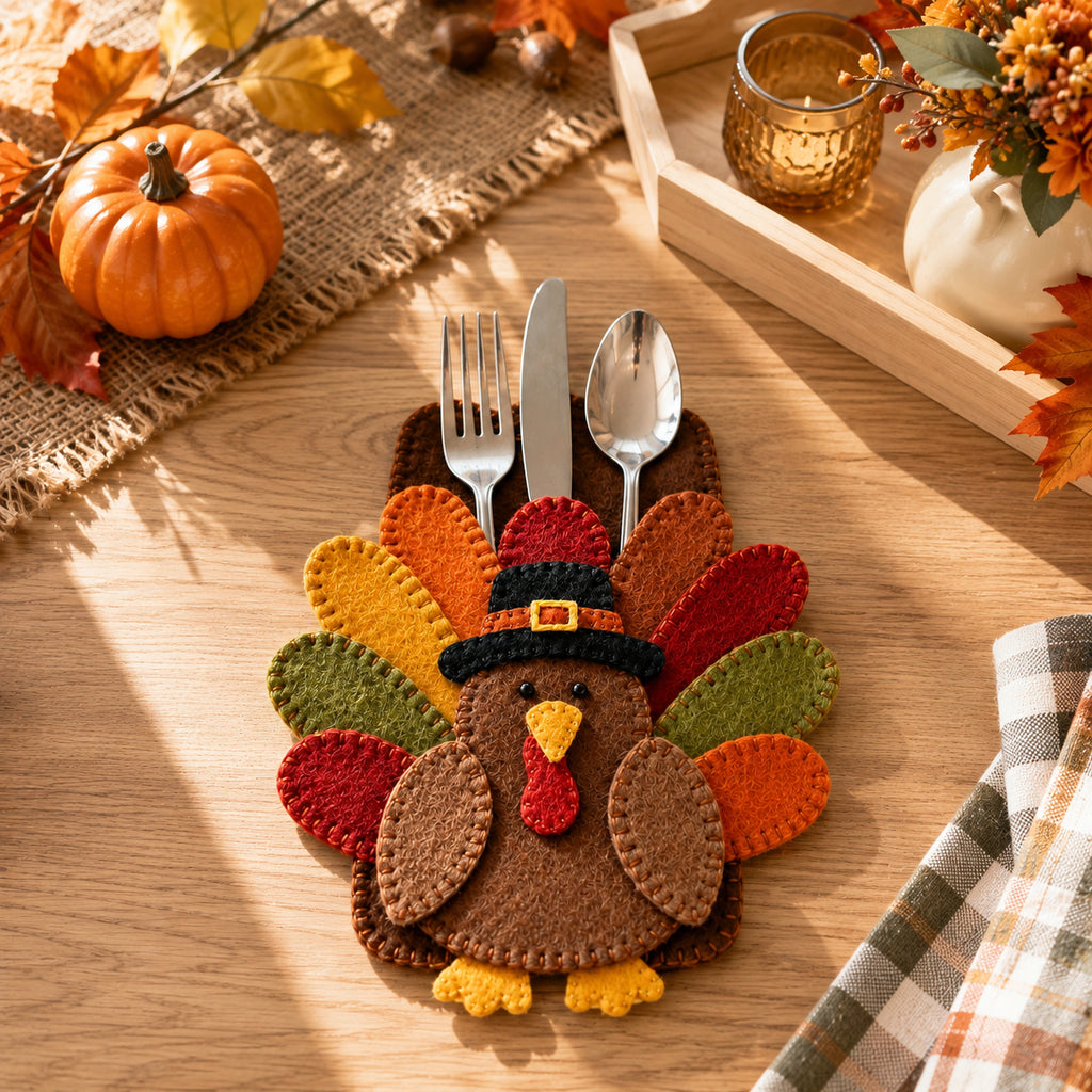Turkey Felt Silverware Holder, Thanksgiving Cutlery Pocket, Harvest Table Decor, Autumn Place Setting FELTCH18