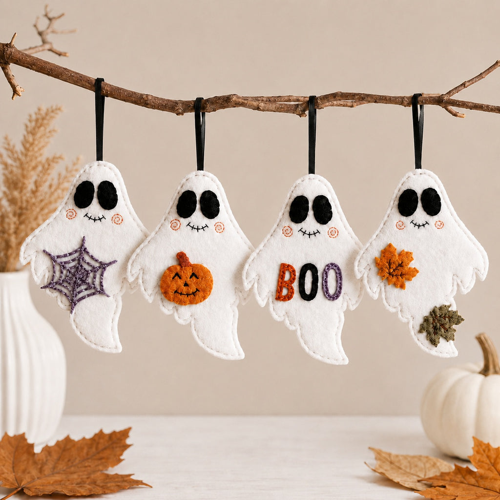 Set 4Pcs Halloween Ghost Felt Ornament, Hand-Embroidery Ghost Boo Felt Ornament, Hanging Decor, Halloween Gift for Home Decoration HFOR17