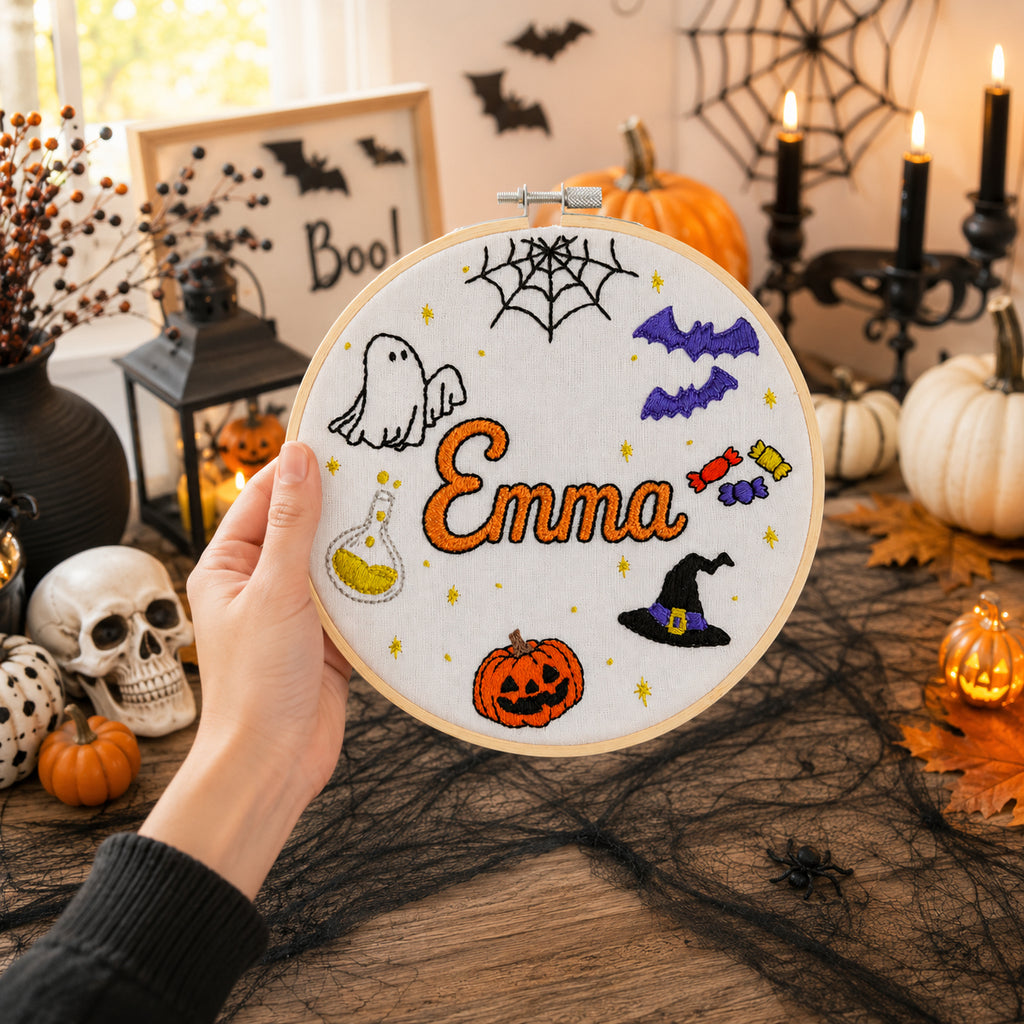 Personalized Halloween Hand-Embroidery Hoop, Custom Name Spooky Wall Decor, Pumpkin Ghost Witch Hat Embroidery, Handmade Fall Gift HOOP20
