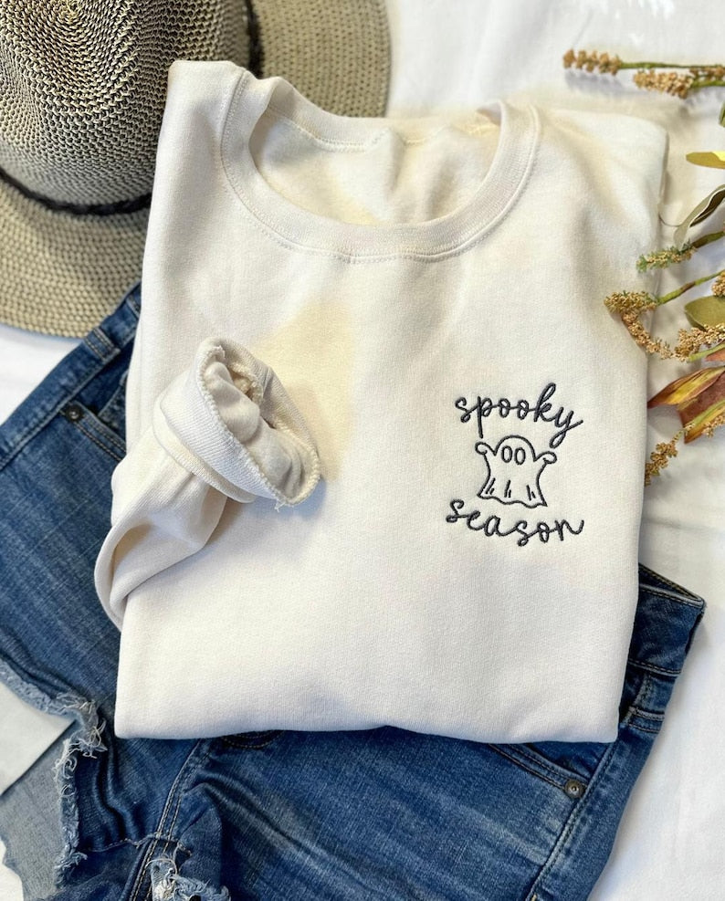 Spooky Season Halloween Shirt, Cute Ghost Embroidered Shirt- Halloween Ghost Crewneck, Cute Little Ghost Shirt HLEM18