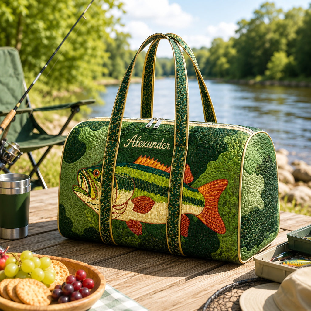 Personalized Bass Fishing Quilted Duffle Bag, Custom Angler Travel Bag, Fishing Weekender Bag, Fisherman Gift for Men DFB40