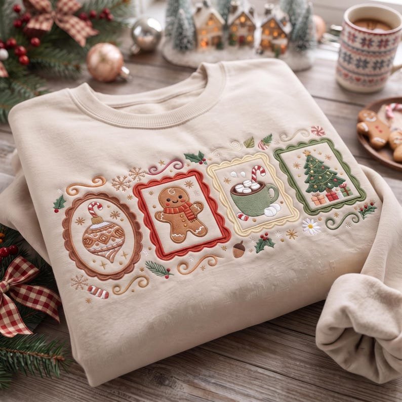 Christmas Icons Embroidered Sweatshirt, Vintage Ornament Gingerbread Hot Cocoa Tree Crewneck, Festive Holiday Pullover Gift XMASS10