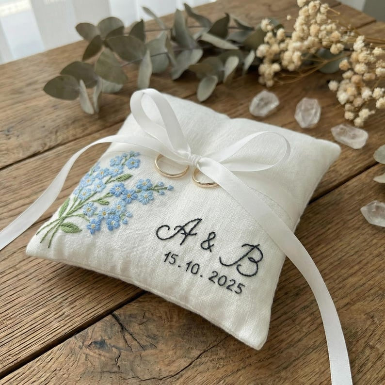 Personalized Embroidered Floral Wedding Ring Bearer Pillow, Custom Wedding Ring Pillow, Wedding Keepsake Gift WPILLOW18