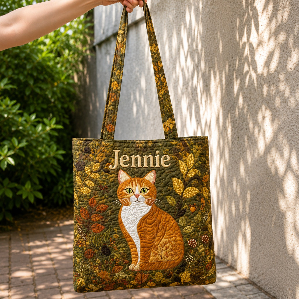 Fall Cat Pattern Quilted Tote Bag, Cat Shoulder Bag, Pet Cat Art Tote, Fabric Tote Bag, Gift Bag QTOTE42