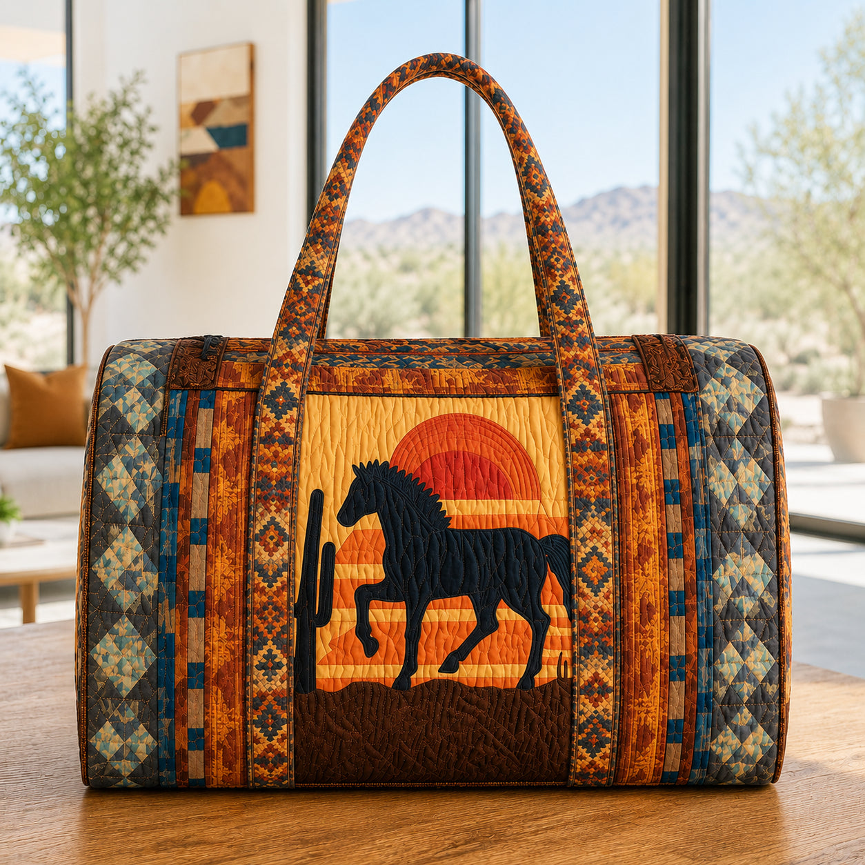 Western Horse Sunset Quilted Duffle Bag, Cowboy Southwestern Duffle Bag, Overnight Bag, Quilted Travel Bag, Quilted Weekend Bag, Custom Bag Gift DFB15