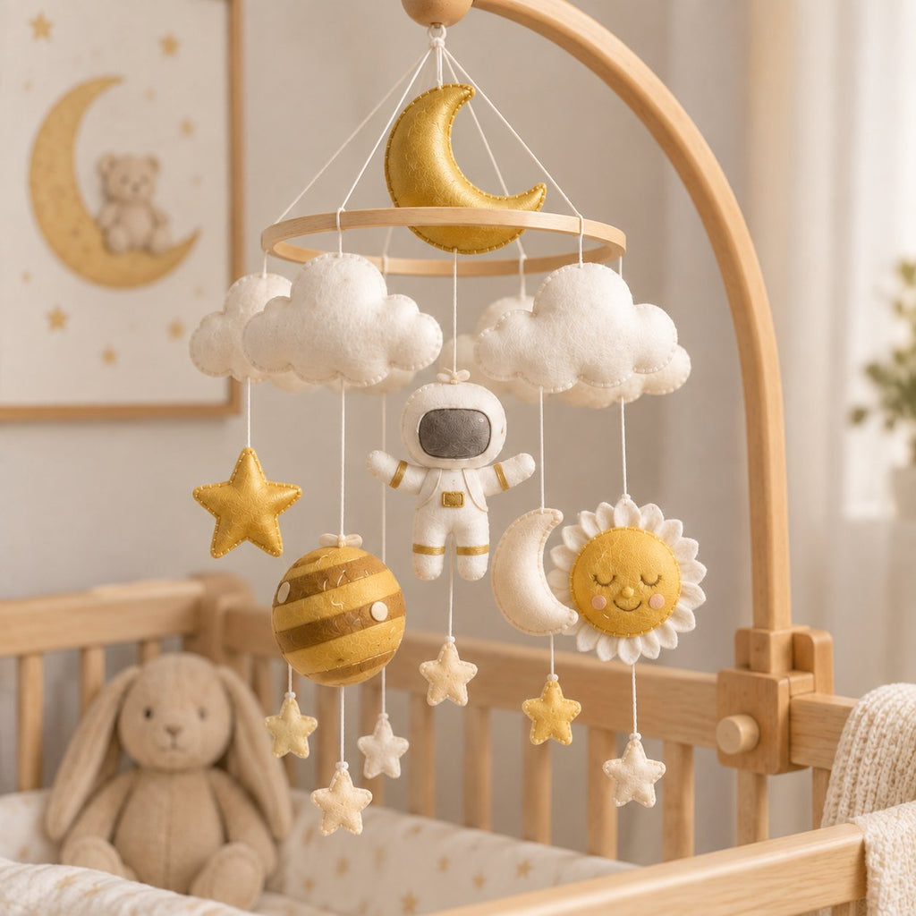 Space Baby Mobile, Handmade Felt Crib Mobile with Astronaut Sun Moon Planet Stars, Galaxy Nursery Decor, Baby Shower Gift BBMB35