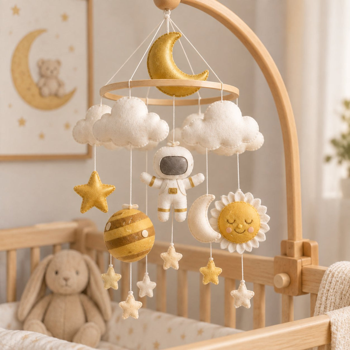 Space Baby Mobile, Handmade Felt Crib Mobile with Astronaut Sun Moon Planet Stars, Galaxy Nursery Decor, Baby Shower Gift BBMB35