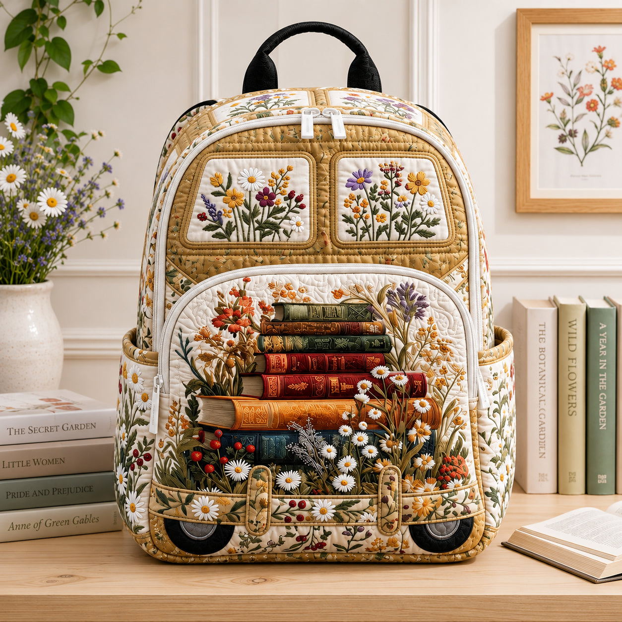 Patchwork Book Quilted Backpack, Custom Book Floral Backpack, Mini Travel Bag, School Bag, Back To School Backpack QBP08