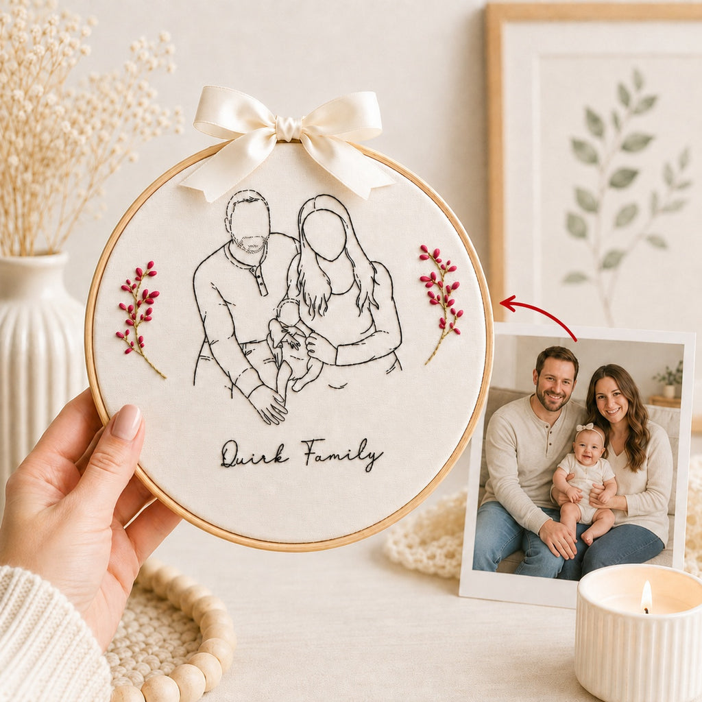 Personalized Family Portrait Embroidery Hoop, Hand Embroidered Custom Photo Line Art, Family Name Keepsake Gift, Handmade Wall Decor EM16