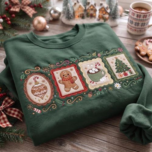 Christmas Icons Embroidered Sweatshirt, Vintage Ornament Gingerbread Hot Cocoa Tree Crewneck, Festive Holiday Pullover Gift XMASS10