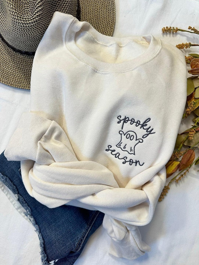 Spooky Season Halloween Shirt, Cute Ghost Embroidered Shirt- Halloween Ghost Crewneck, Cute Little Ghost Shirt HLEM18