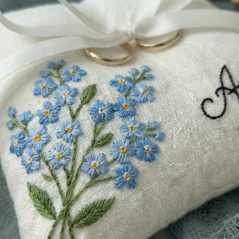 Personalized Embroidered Floral Wedding Ring Bearer Pillow, Custom Wedding Ring Pillow, Wedding Keepsake Gift WPILLOW18
