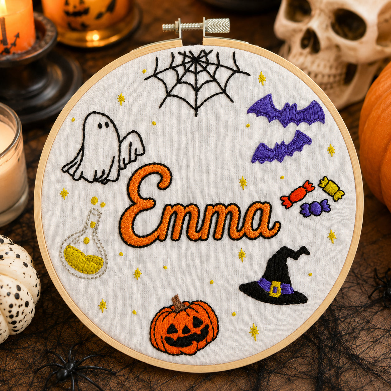 Personalized Halloween Hand-Embroidery Hoop, Custom Name Spooky Wall Decor, Pumpkin Ghost Witch Hat Embroidery, Handmade Fall Gift HOOP20