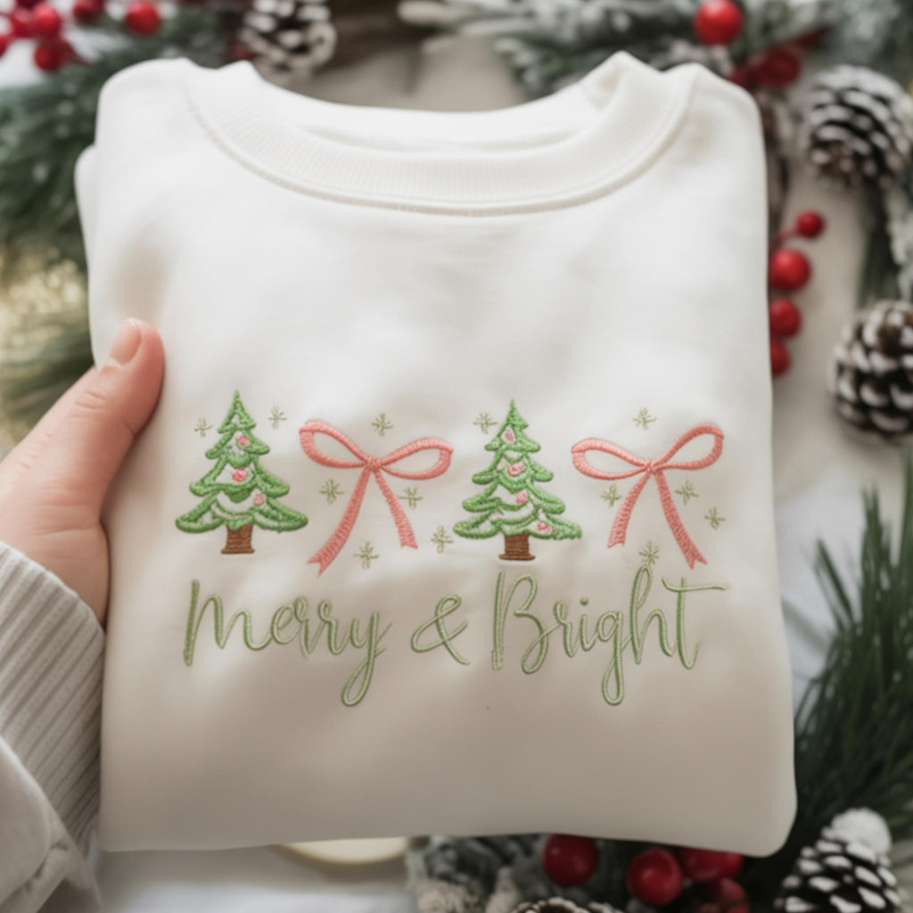 Merry & Bright Embroidered Christmas Sweatshirt, Cute Pastel Xmas Tree Sweatshirt, Holiday Cozy Crewneck Gift for Her, Winter Oufits