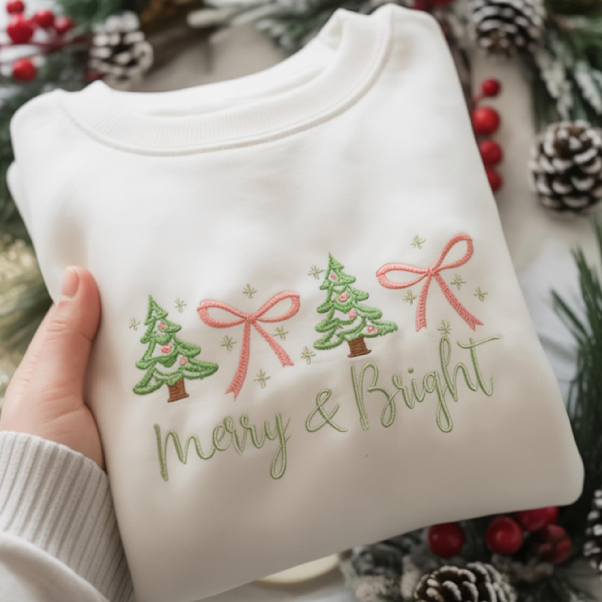 Merry & Bright Embroidered Christmas Sweatshirt, Cute Pastel Xmas Tree Sweatshirt, Holiday Cozy Crewneck Gift for Her, Winter Oufits