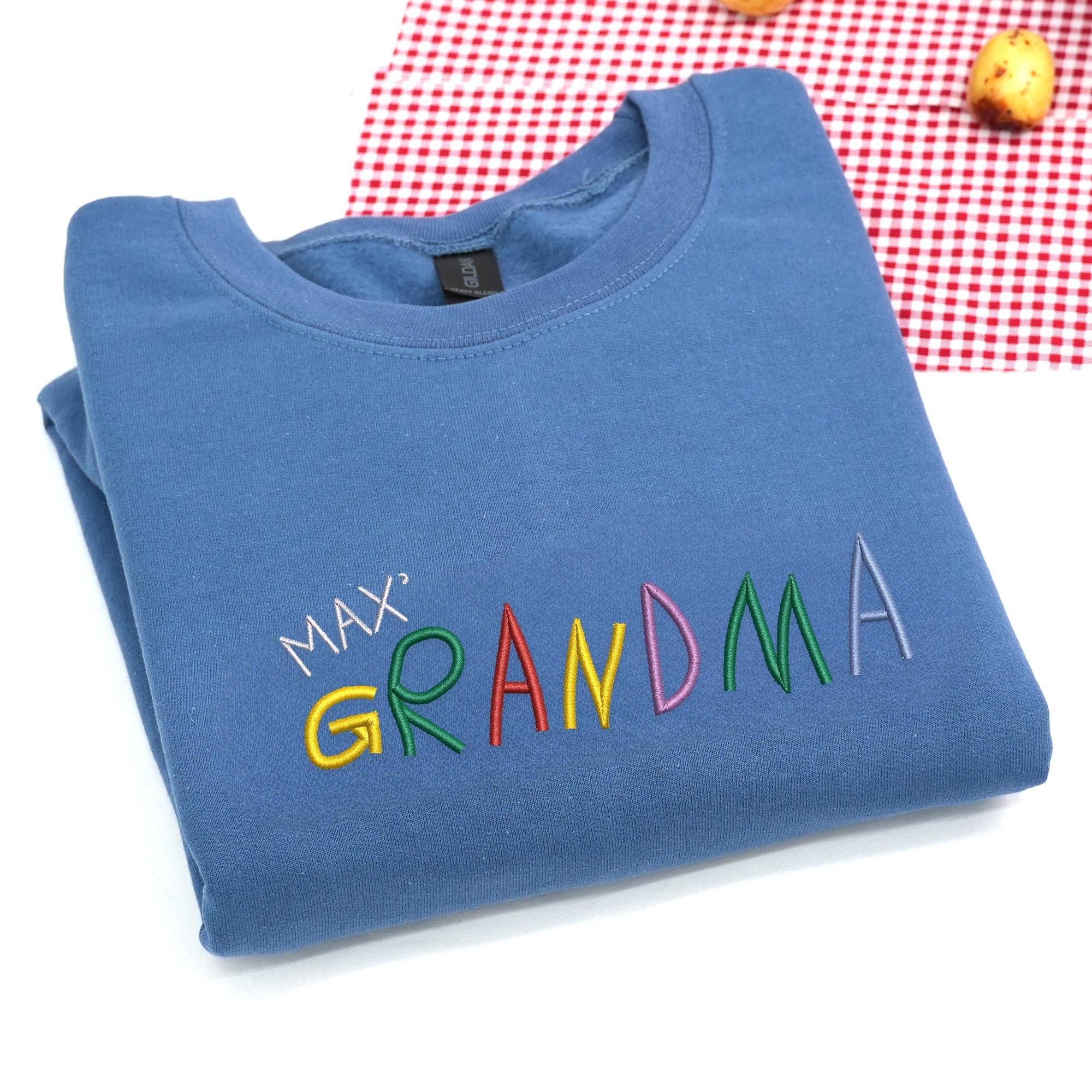 Custom Embroidered Grandma Sweatshirt, Personalized Rainbow Letter Design with Custom Kid’s Name, Unique Gift for Grandma, Nana, or Gigi